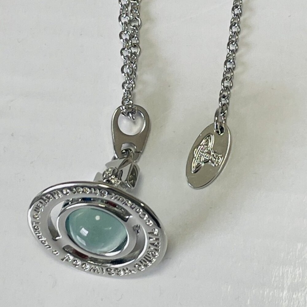 New Silver Saturn Mint Green Glass Long chain Orb Necklace Charm
